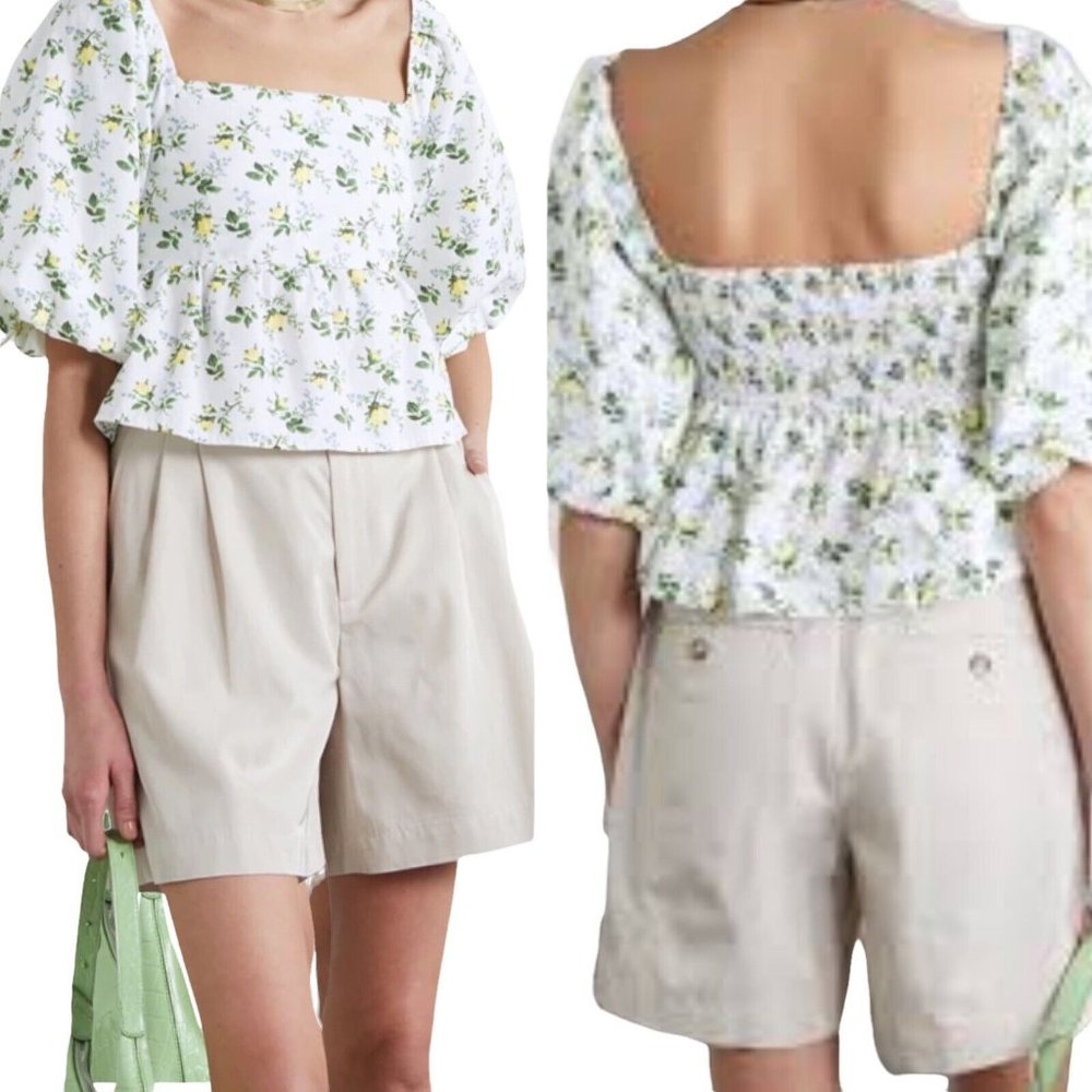 Faithfull the Brand Quincy Crop Top Large US 8 Bendita Floral Print White Puff